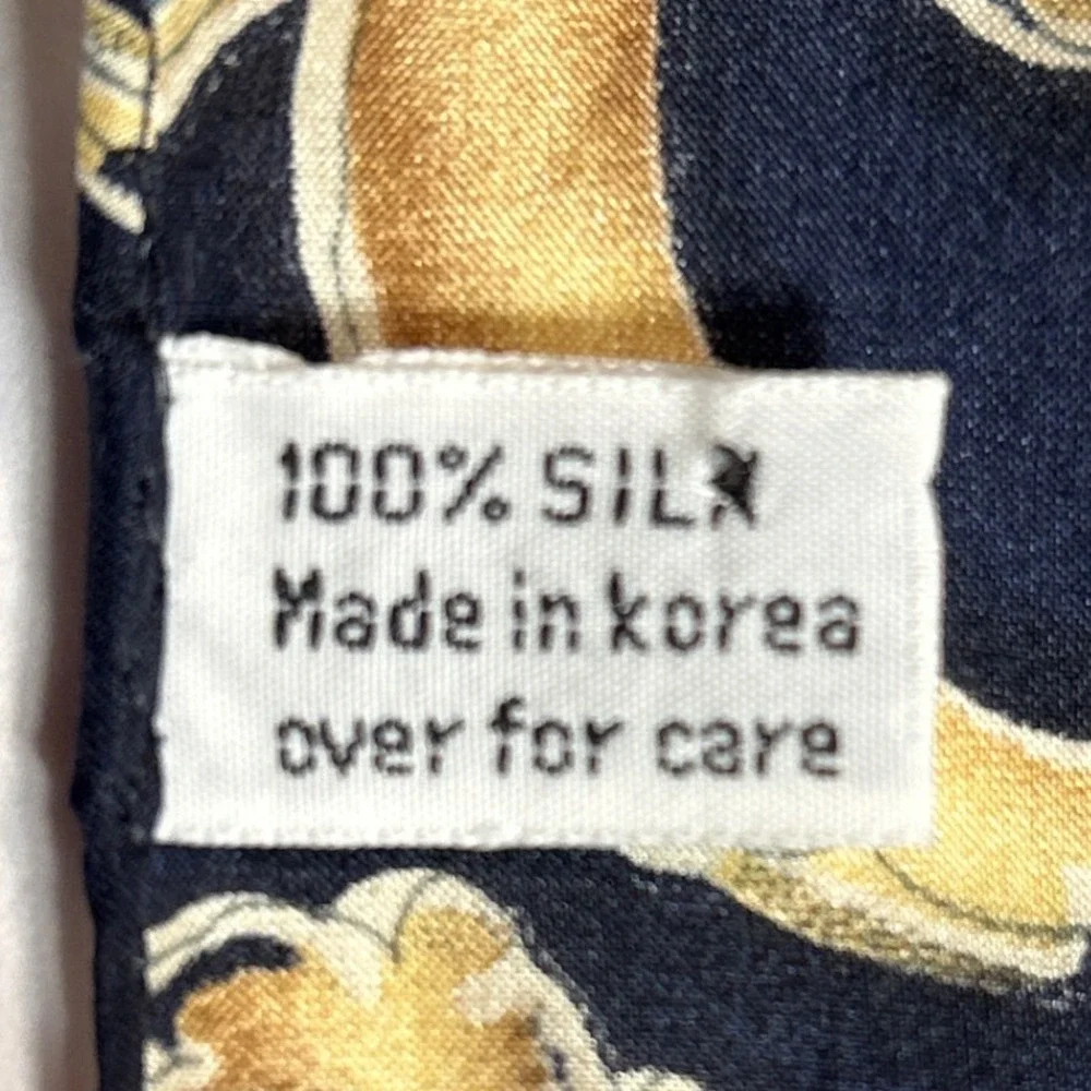 VTG 100% Silk Floral‎ Print Scarf Navy Beige Gold EUC